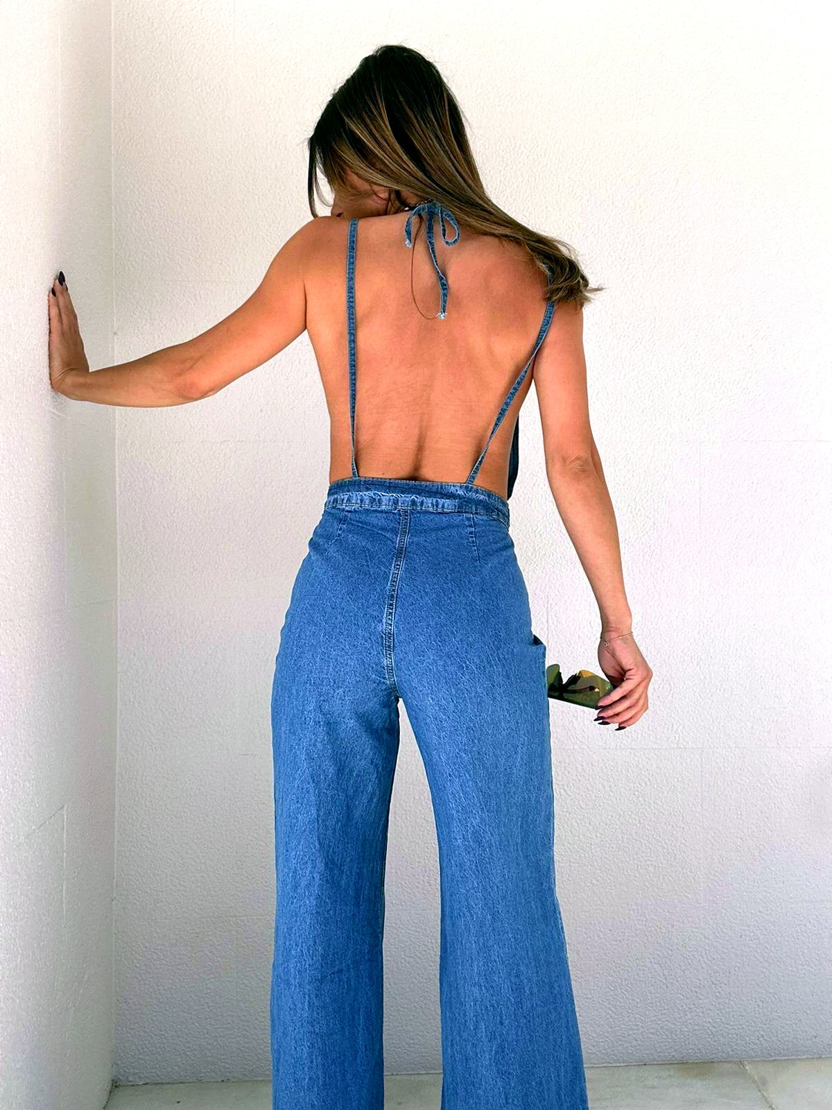 Backless Wide Leg Denim Jumpsuit