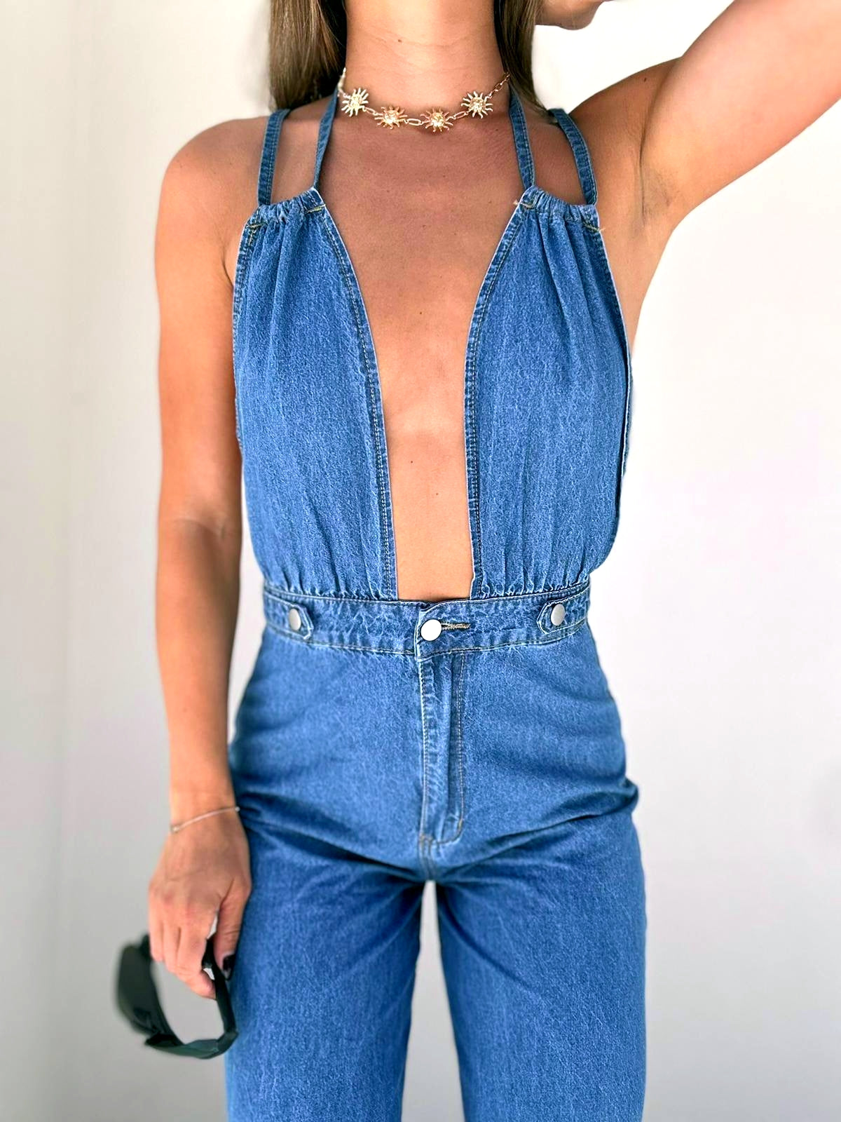 Backless Wide Leg Denim Jumpsuit