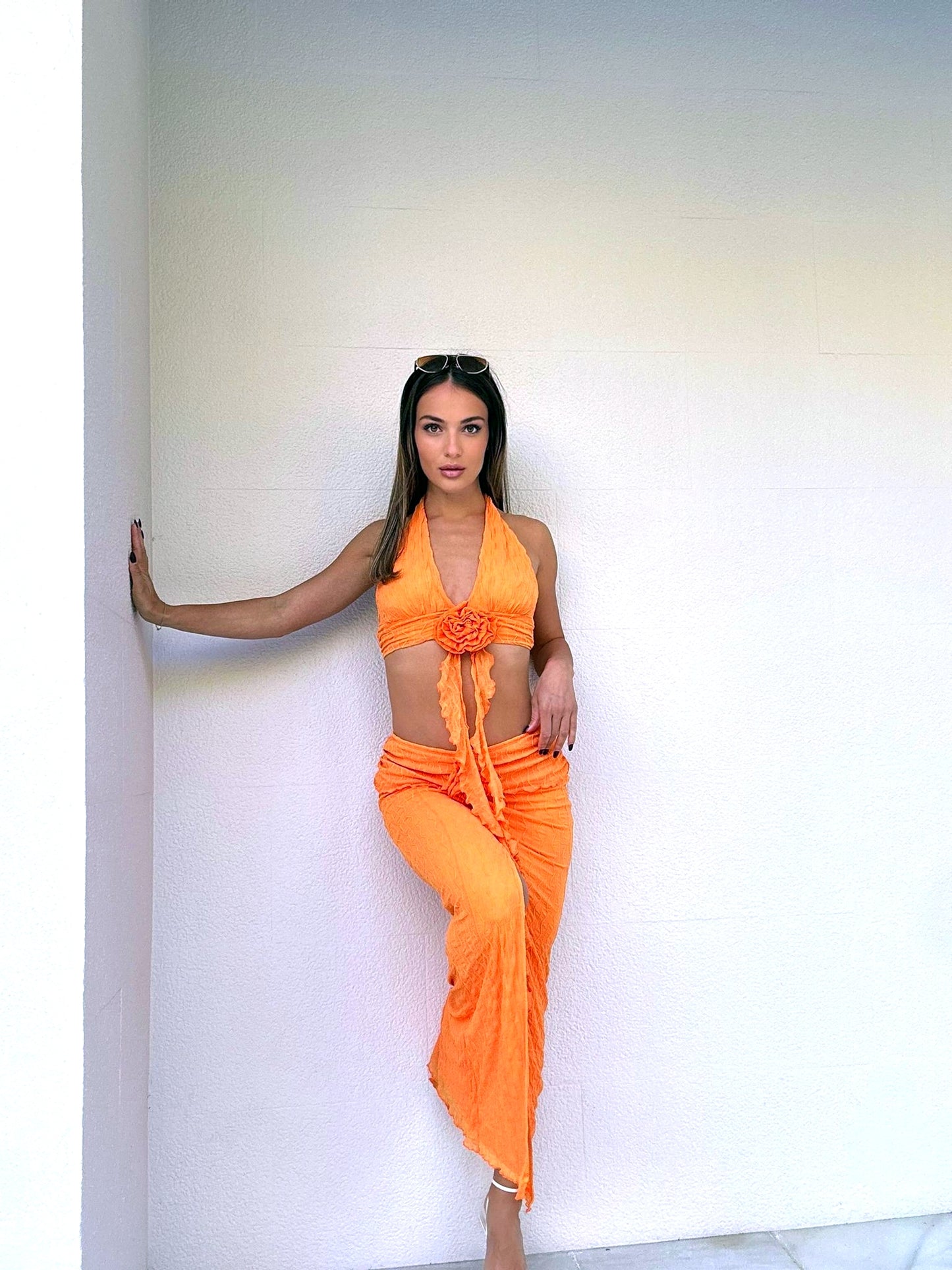 2 Piece Orange Ruffle Top & Long Skirt