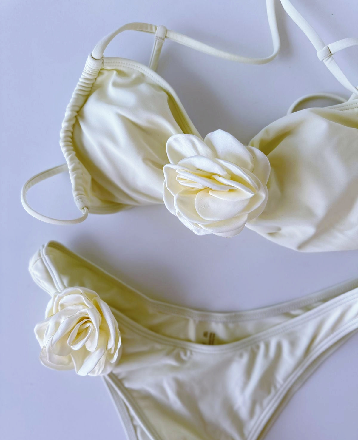 2 Piece Ivory Swimsuit with Flower Applique