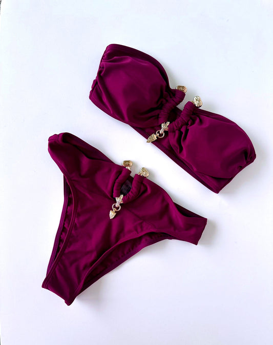 Burgundy Full Bikini Set with Gold Detail