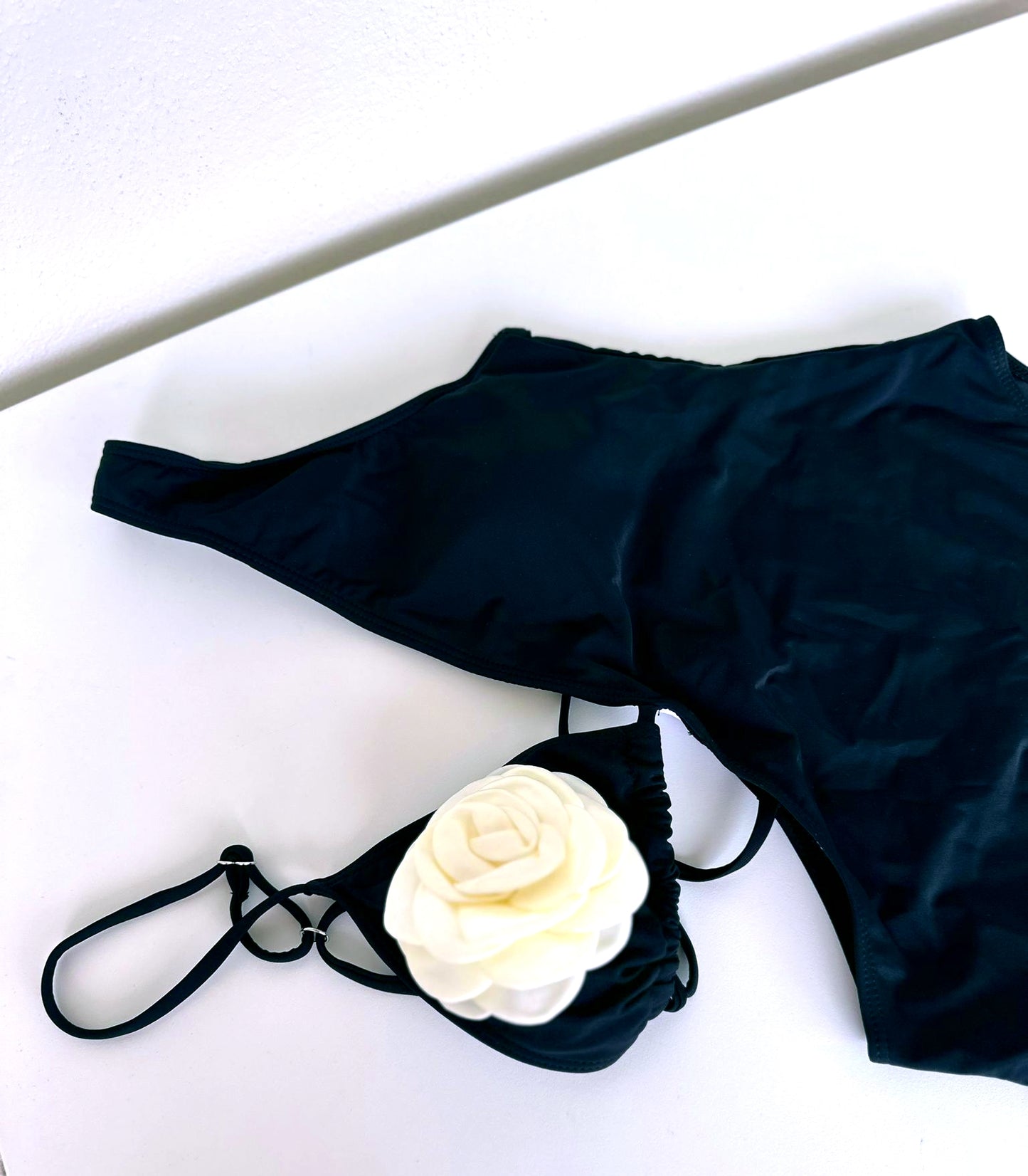 Black Cut Out Bodysuit with White Flower Applique