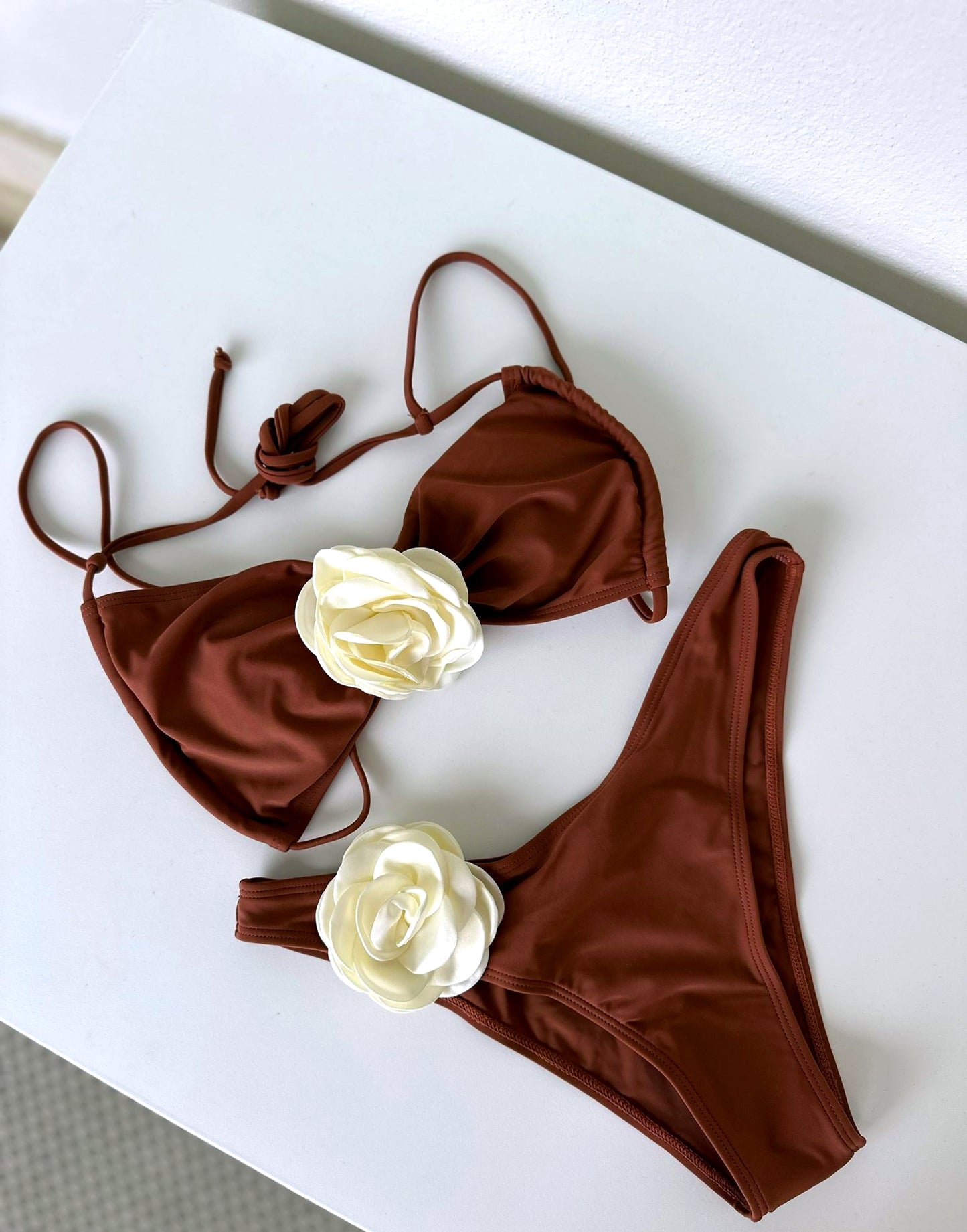 Brown Bikini Set with White Flower Applique