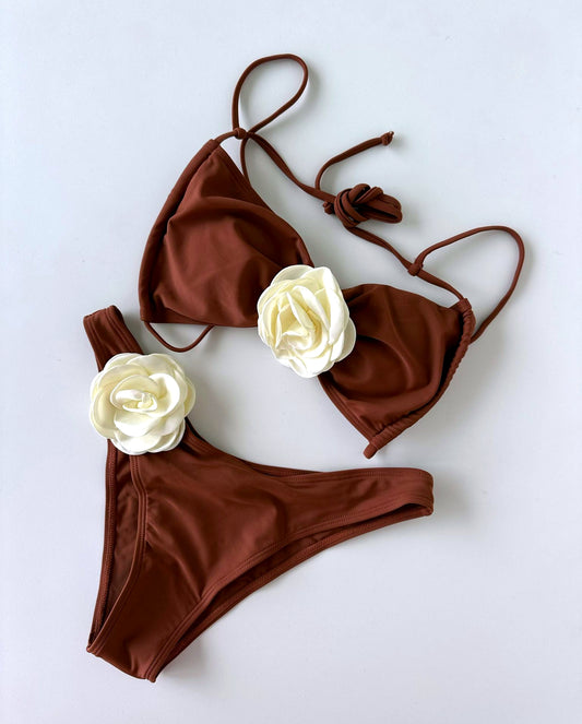 Brown Bikini Set with White Flower Applique