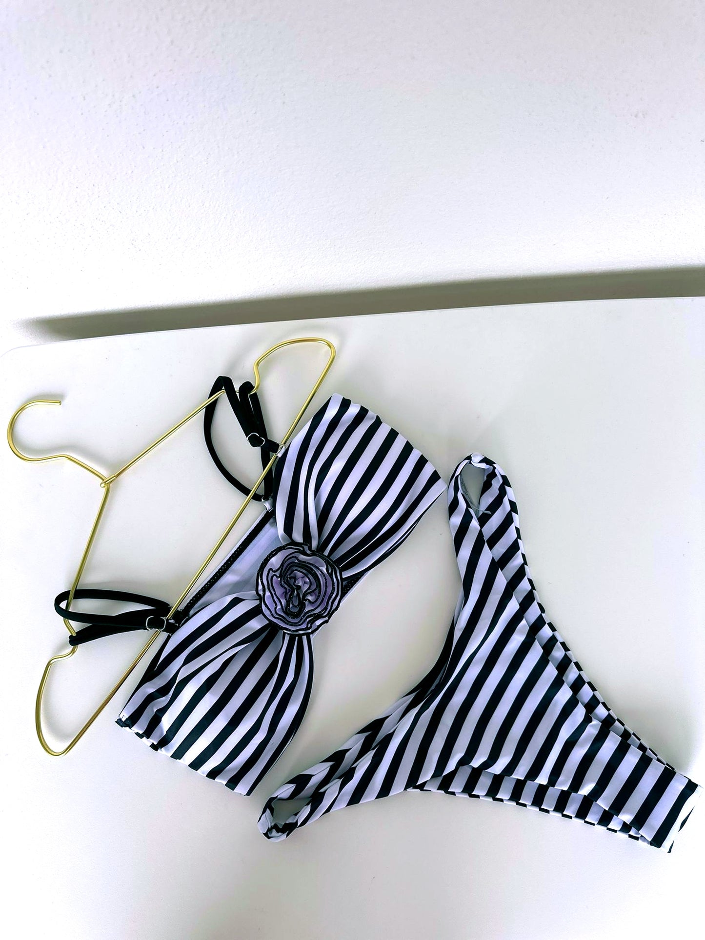 Black & White Striped Bikini Set with Flower Applique