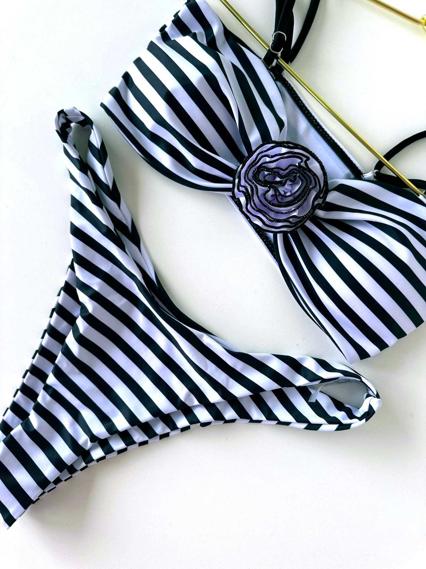 Black & White Striped Bikini Set with Flower Applique