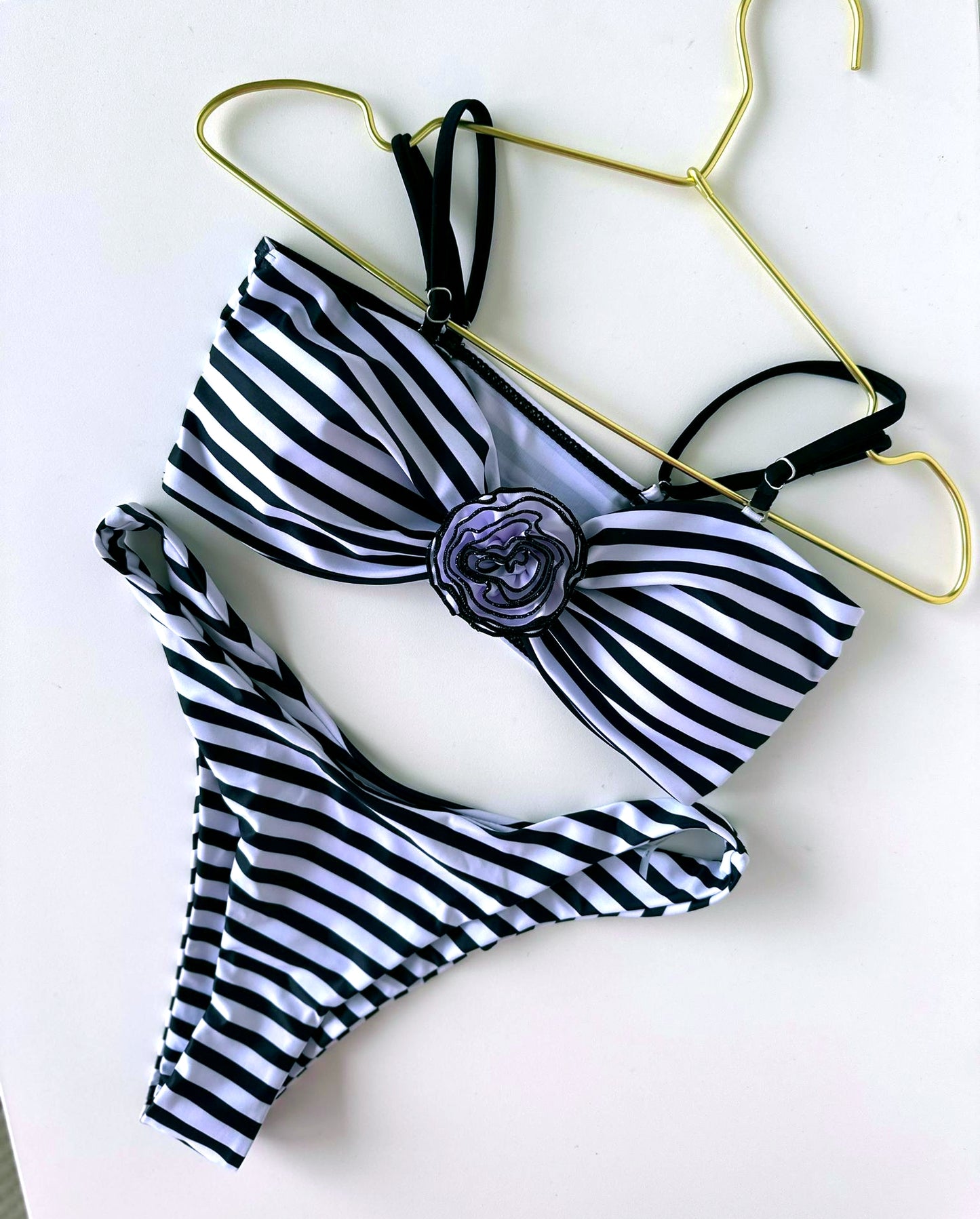 Black & White Striped Bikini Set with Flower Applique