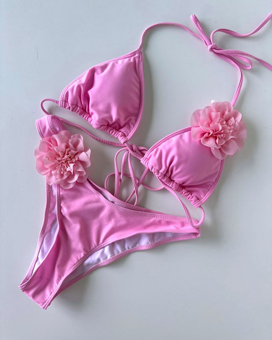 Pink Triangle Full Bikini Set with Flower Applique