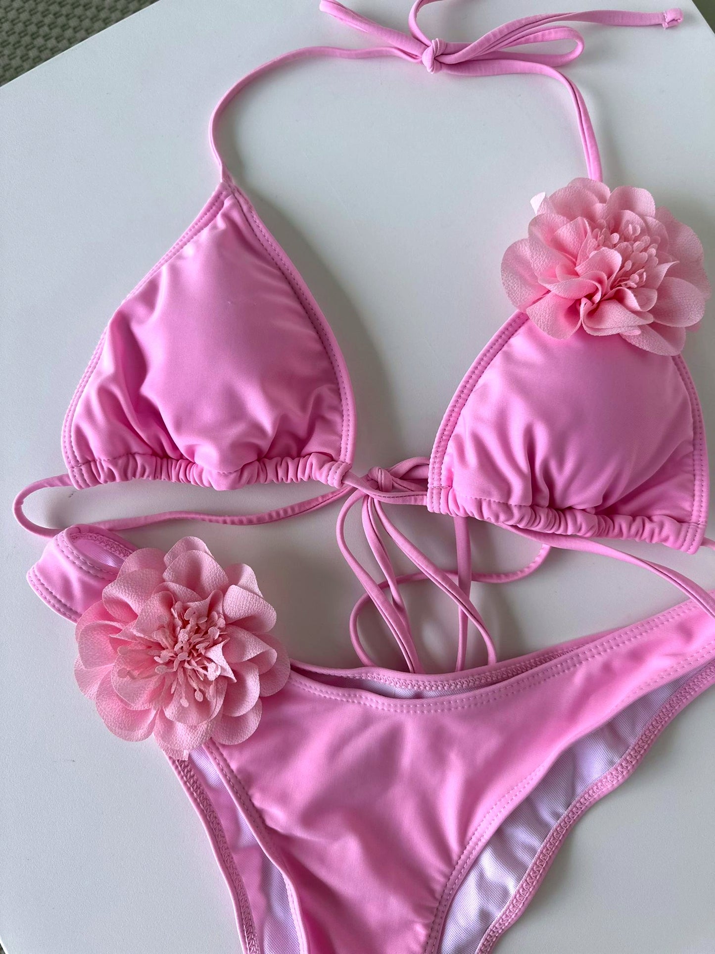 Pink Triangle Full Bikini Set with Flower Applique