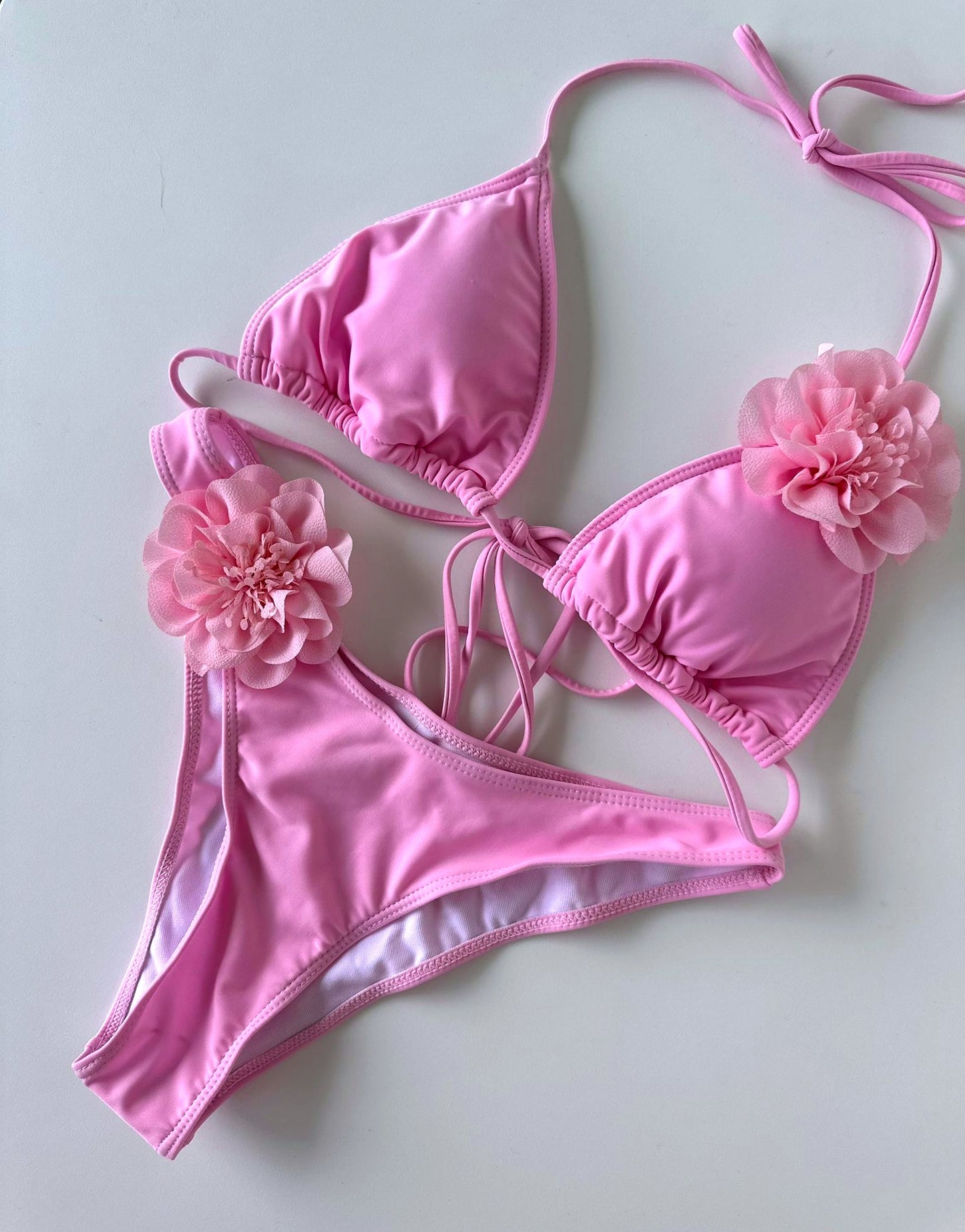 Pink Triangle Full Bikini Set with Flower Applique