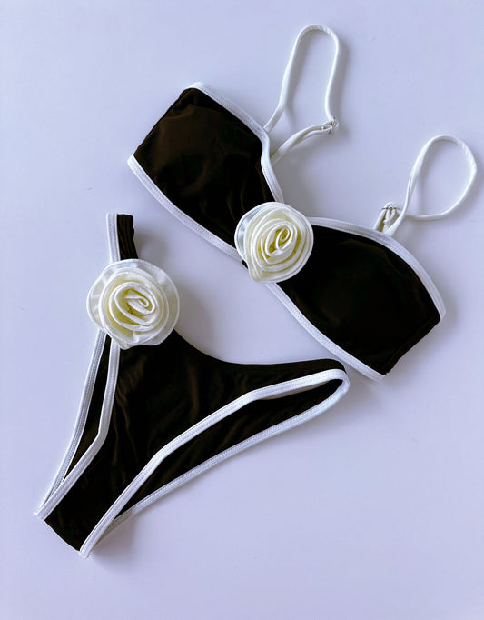 Black Swimsuit with White Edge and Flower Applique