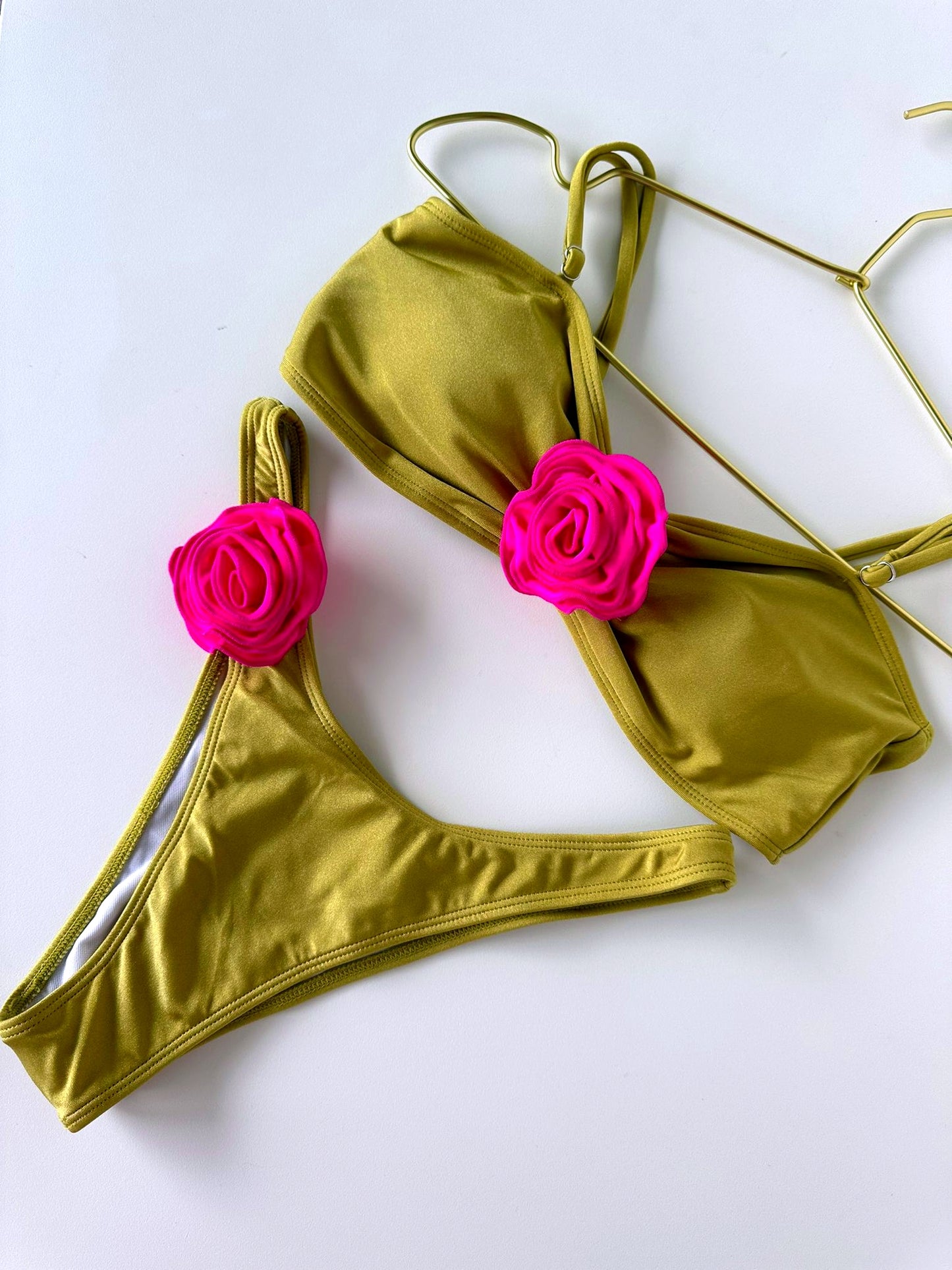 Green Swimsuit with Pink Flower Applique