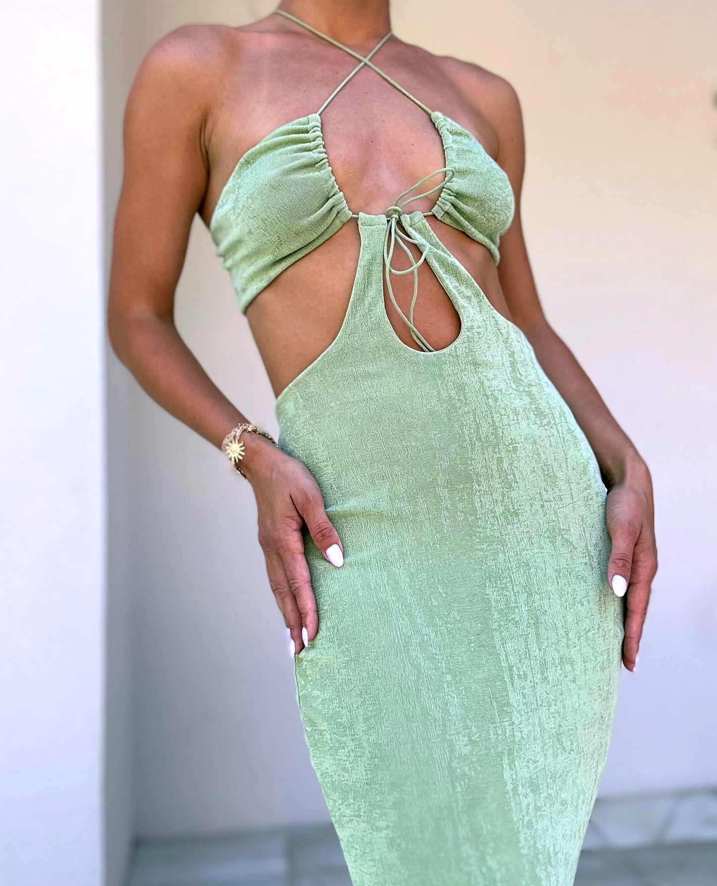 Green Vacation Dress with Criss Cross Neck Tie