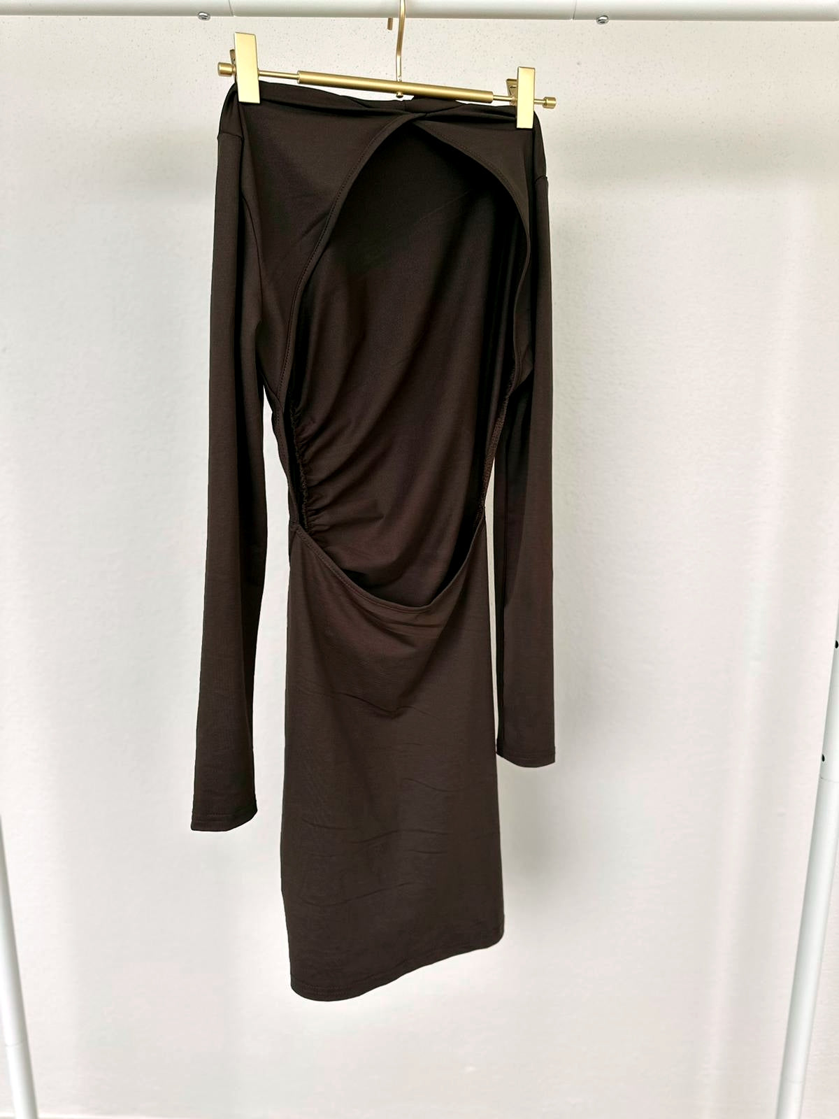 Coffee Brown Long Sleeve Backless Dress