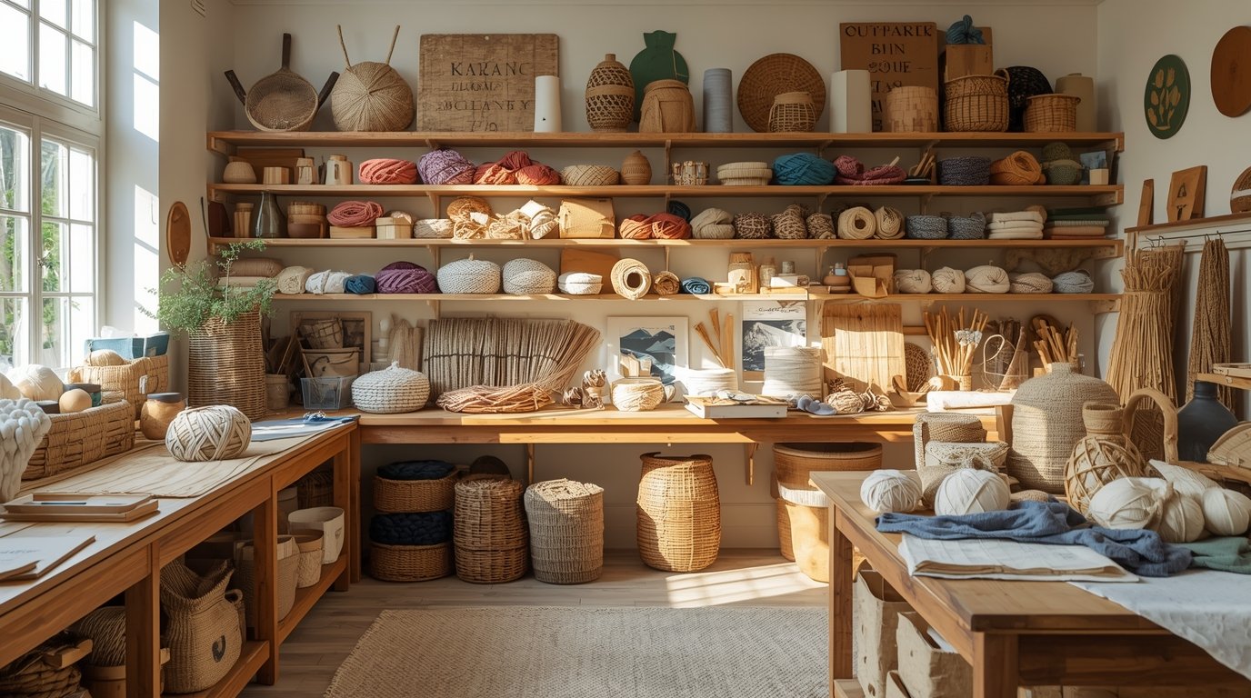 Sustainable crafting materials organized in our workshop